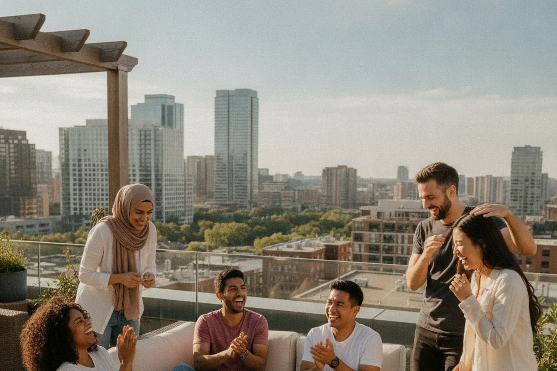 A group of People Club members laughing together on a sunny rooftop terrace