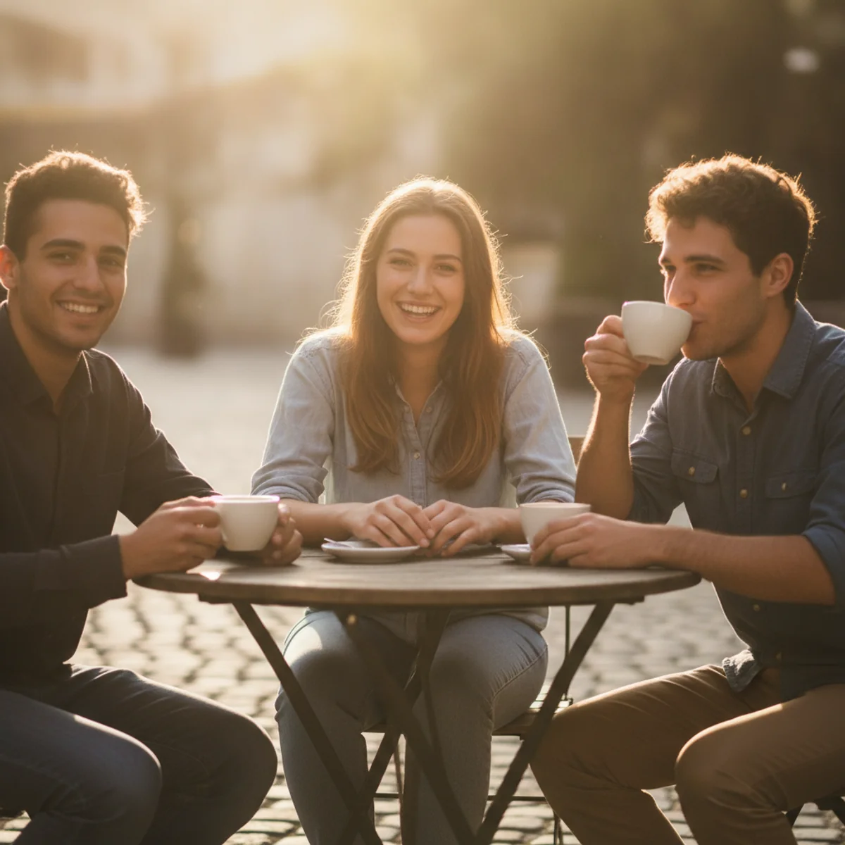 People Club members chatting over coffee at a sunny outdoor cafe