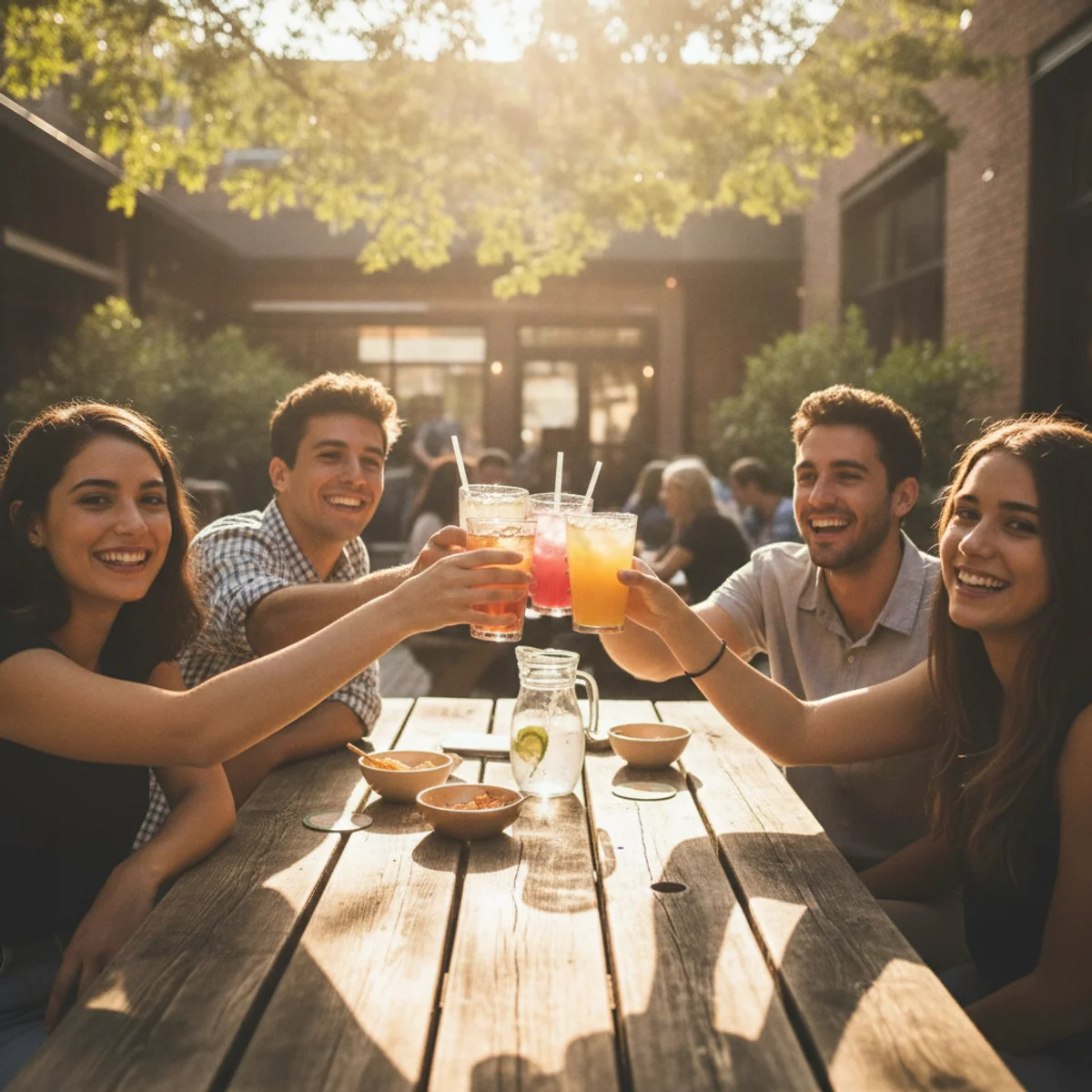 A welcoming People Club gathering, friends toasting outdoors